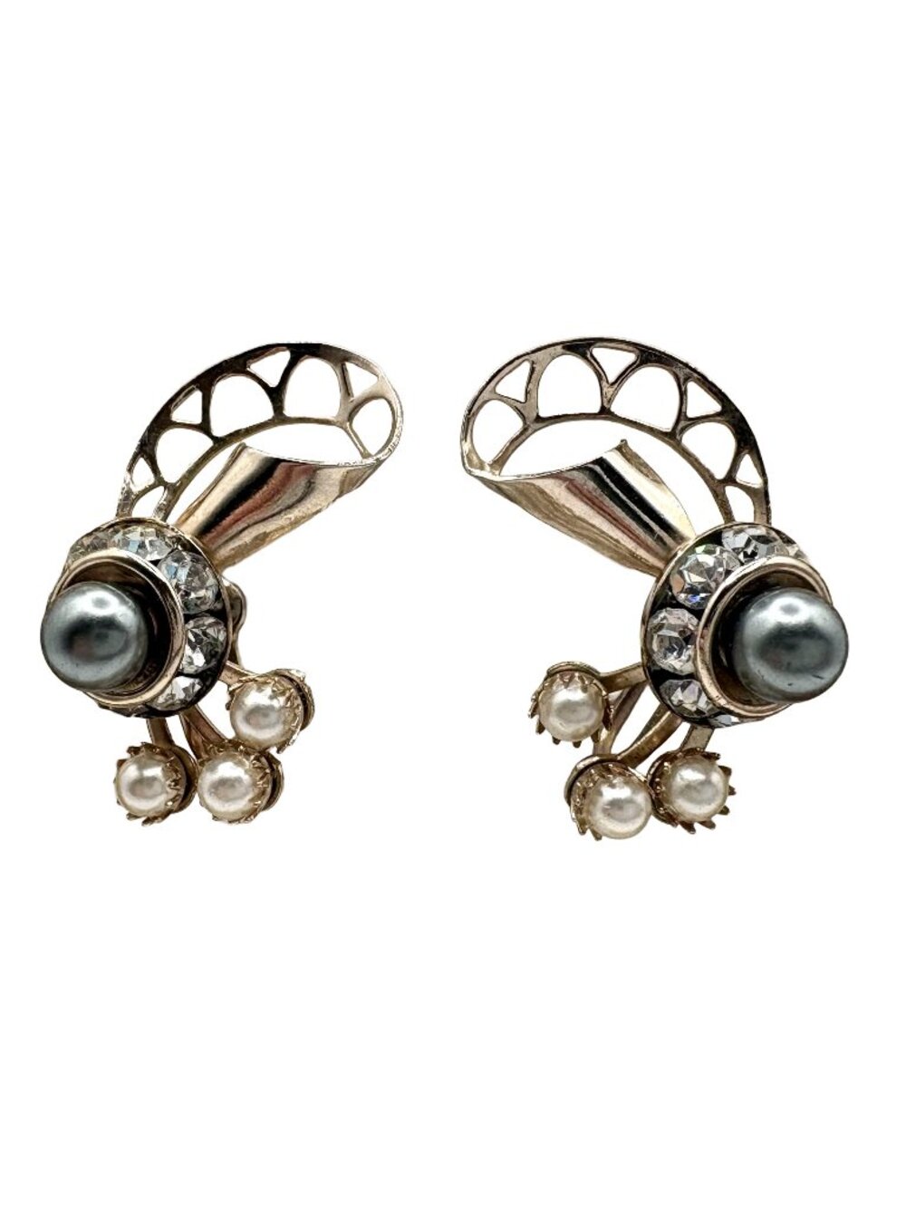Vintage Grey Faux Pearl Open Work Screw Back Earrings